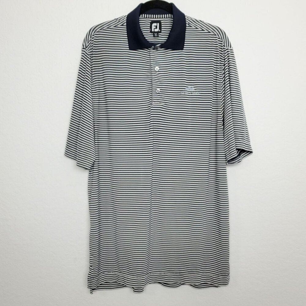 FootJoy Mens Golf Polo Size M Blue White Striped Short Sleeve Button LOGO